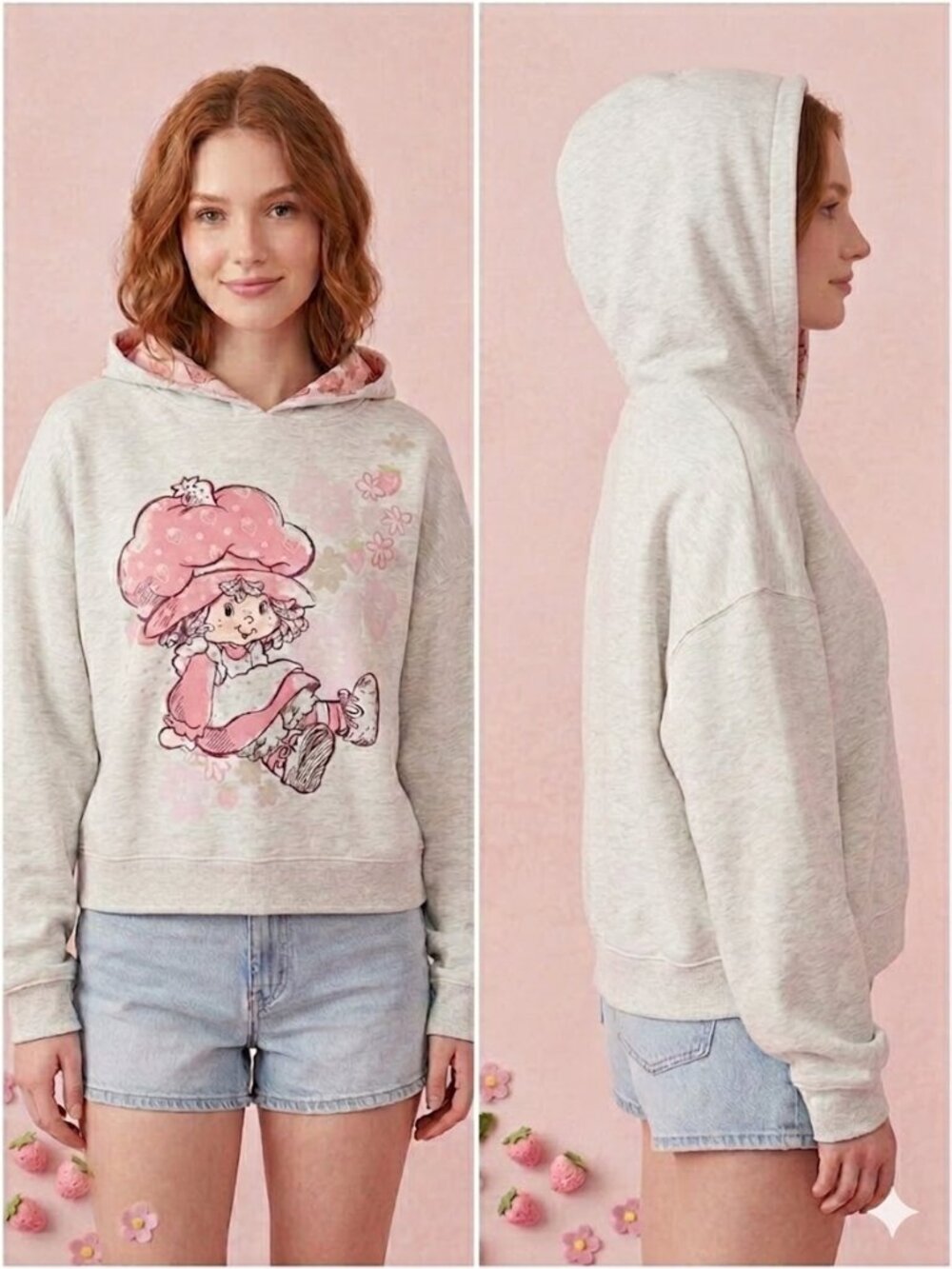 NEW Strawberry Shortcake Grey Pink Women's Graphic Sweatshirt Hoodie Size Large - Picture 2 of 7